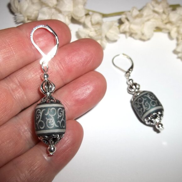 Blue Grey and Silver Glass Earrings Dangle Drop Jewelry Gift Idea for Her C765 - Picture 3 of 6